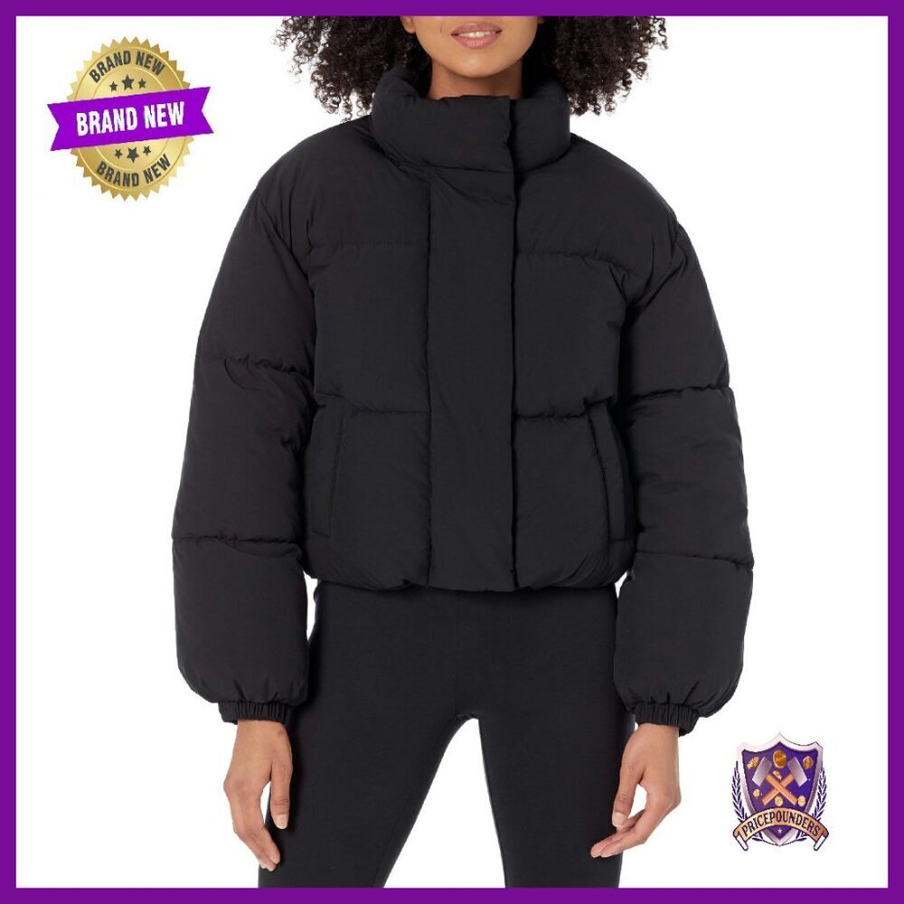 Cropped Full-Zip Puffer Jacket Quilted Matte Sherpa Fleece Relaxed Fit